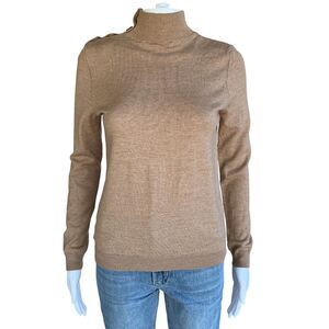 Sezane La Maille Womans Merino Wool Mock Neck Sweater Size S Camel Button Detail